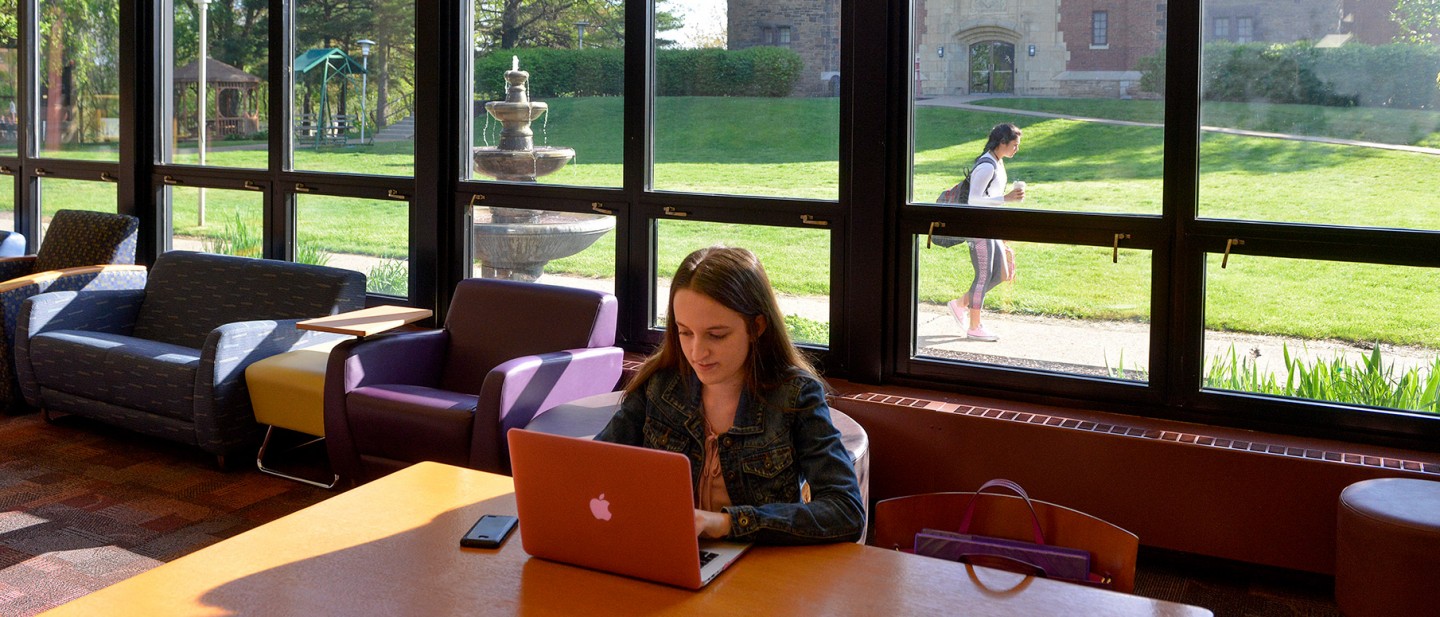 Student working in the Reeves Commons 