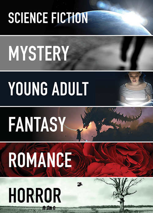 Examples of writing genres include: Science Fiction, Mystery, Young Adult, Fantasy, Romance and Horror.