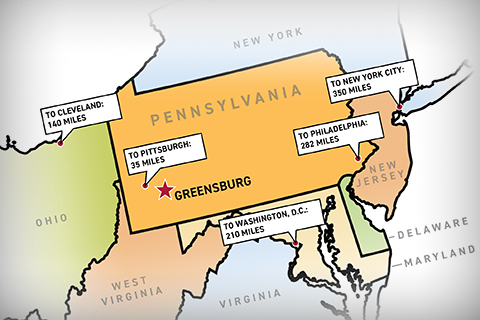 Map of Pennsylvania with distances to Greensburg detailed