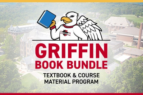 Griffin Book Bundle graphic overlay on top of the campus building