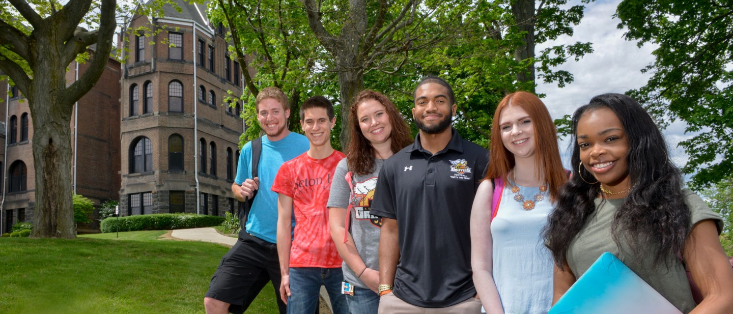 Seton Hill Students standing in a line on campus