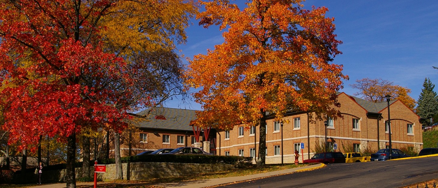 Exterior photograph of Farrell building in the fall. 