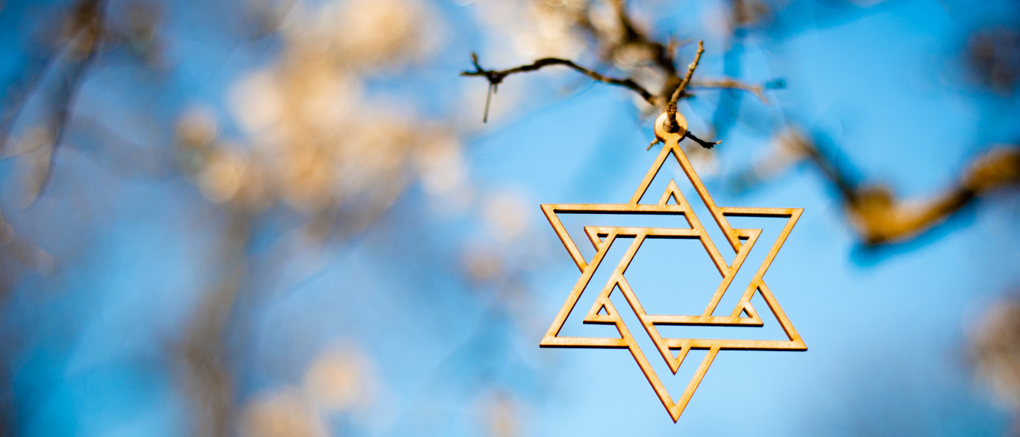 photo of a star of david symbol with trees in the background