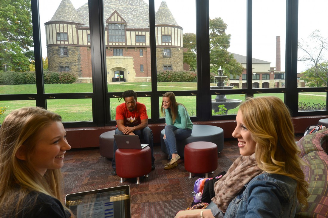 Students sitting in the student lounge