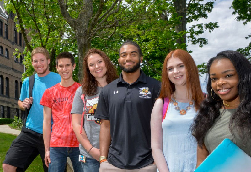 seton hill students outside of the main building