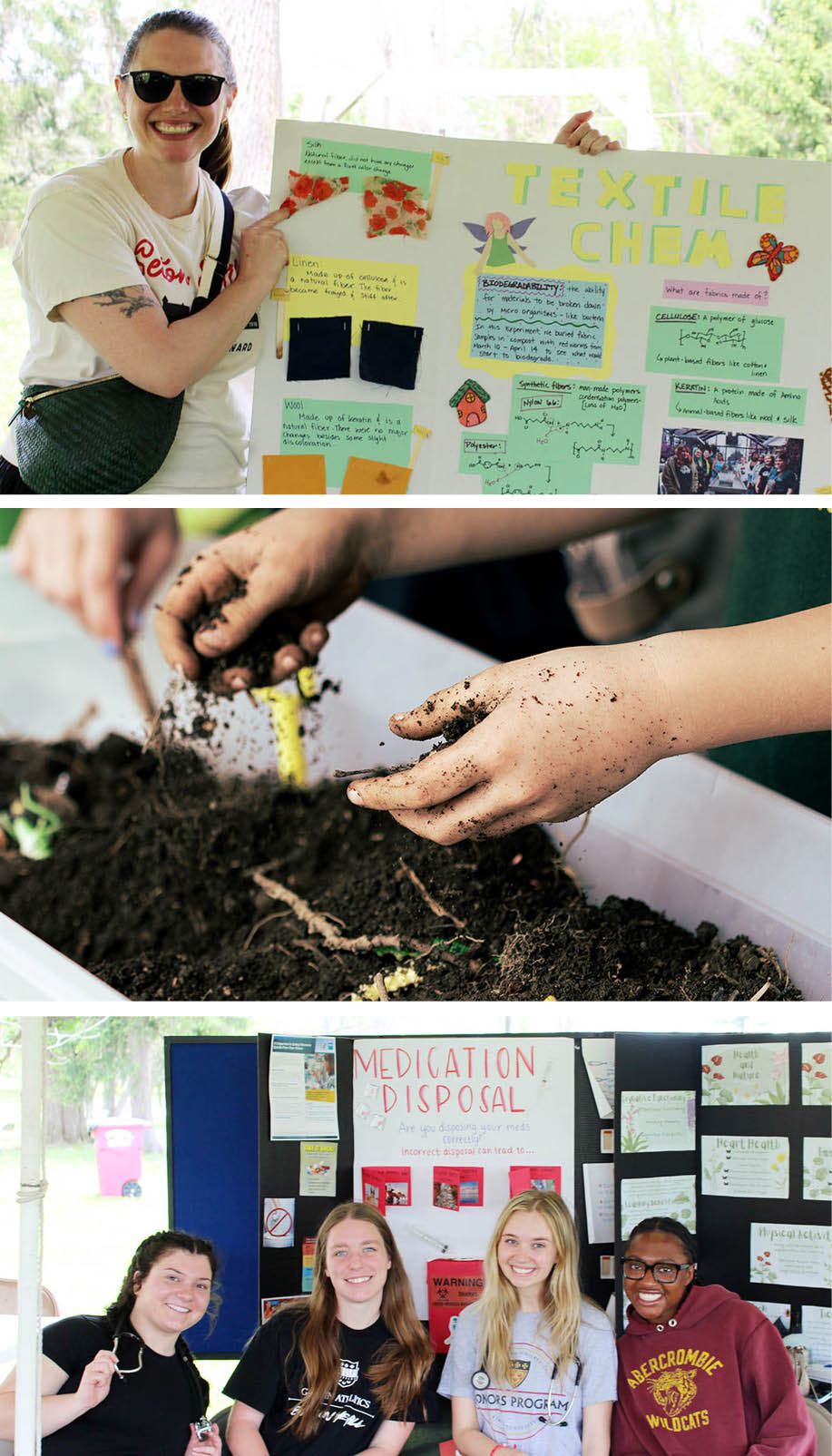 faculty and students presenting a poster and children digging in dirt